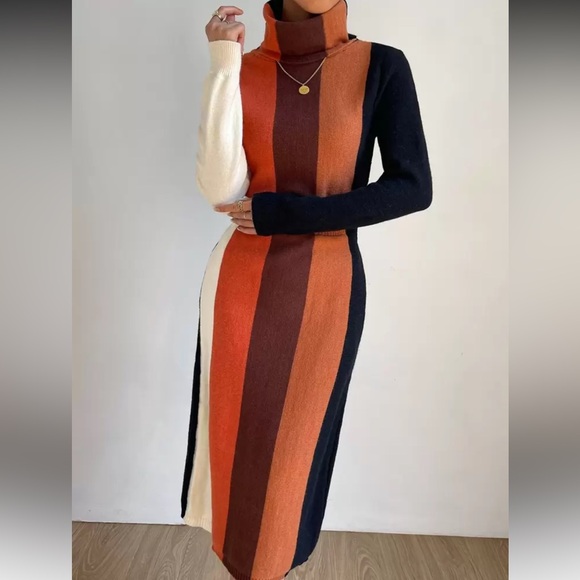 Cozy Color Block Stripe Turtleneck Sweater Dress - Picture 2 of 4